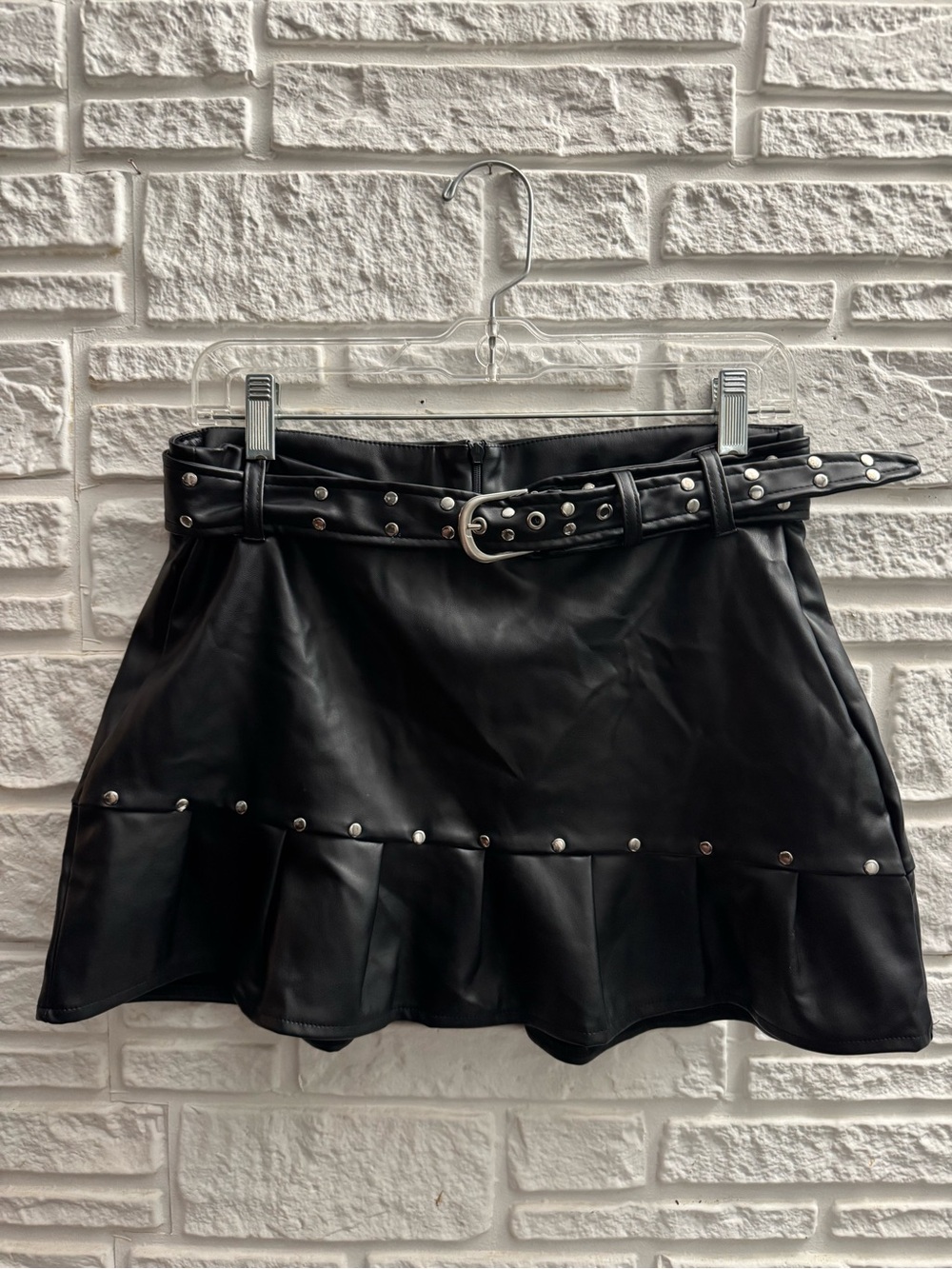 Ci Sono Black Faux Leather Studded Belted Mini Skirt Y2K Size L
